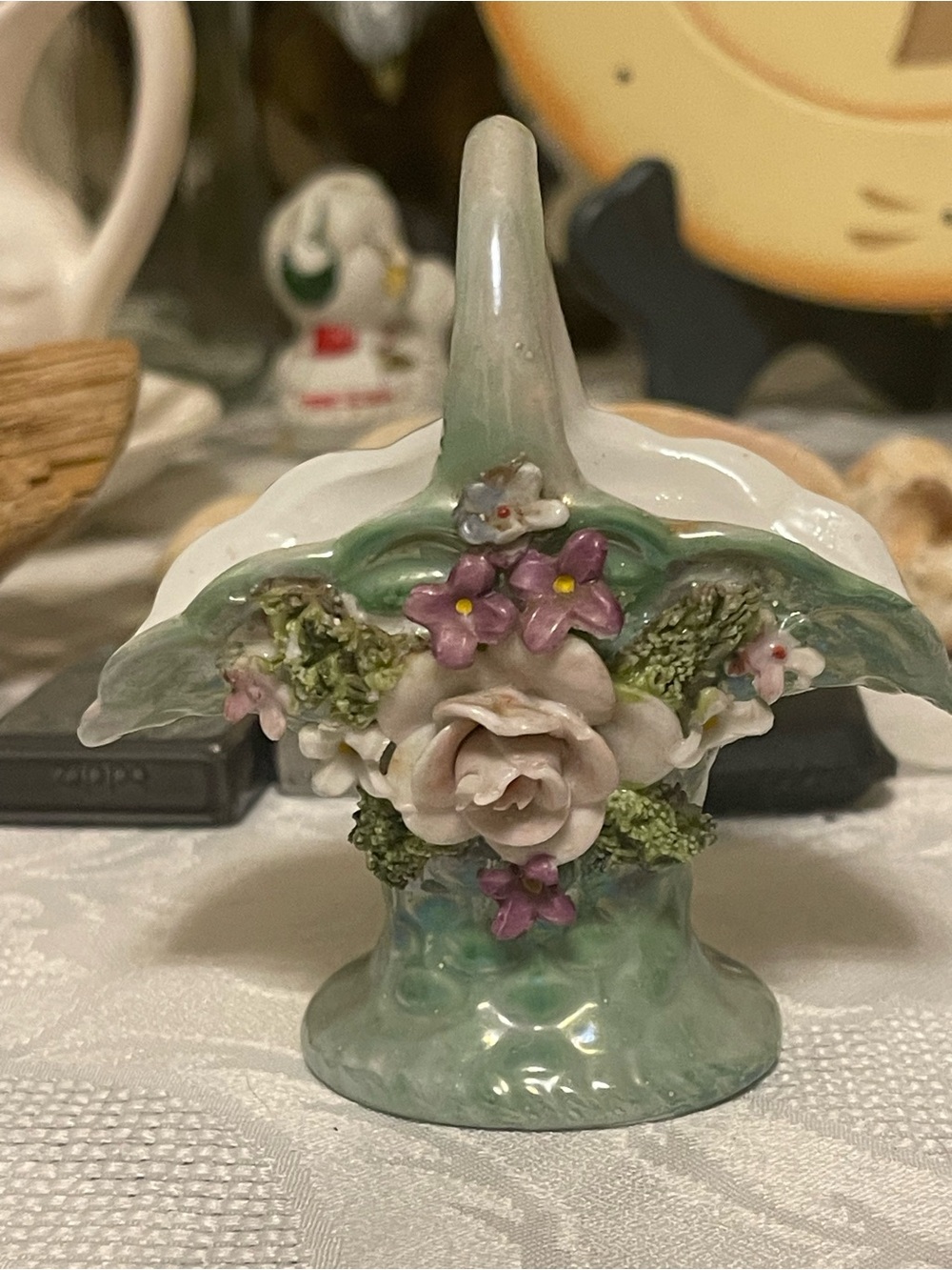 Porcelain Floral Basket Accent - Green and Pink